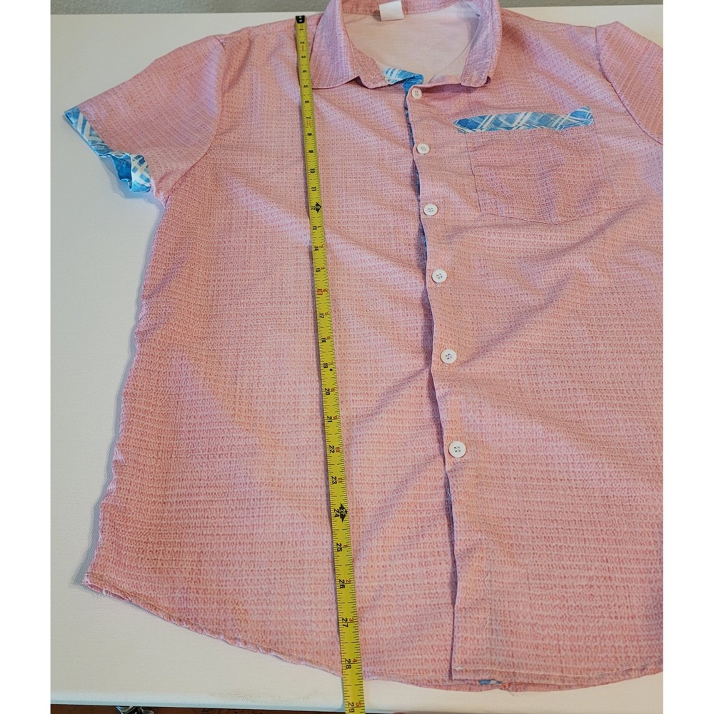 Unbranded Short Sleeve Button Down Men Medium Pink Plaid Trim Textured Shirt - Picture 5 of 6